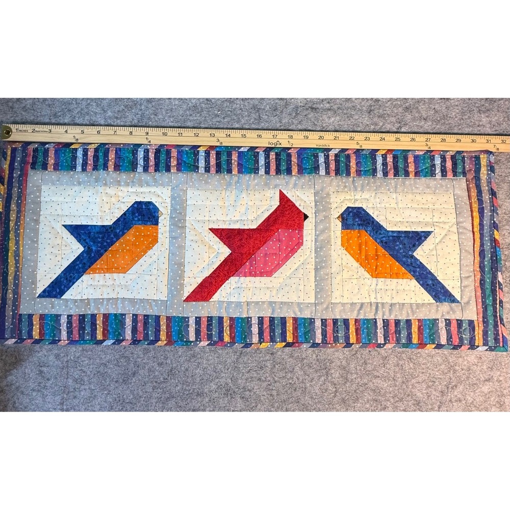 Handmade Quilted Bird Table Runner Bluebird Cardinal Rainbow Striped